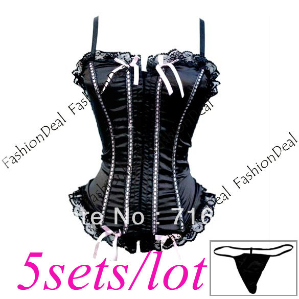 5sets/lot  Women's Body shaper Lace up Satin Corset Lingerie Bustier + G-String Underwear Sleepwear Black free shipping 5649