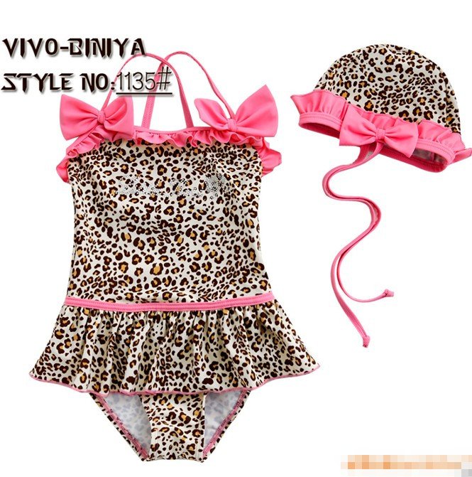 5T-9T 10sets/lot vivo Leopard grain bikini+ swim hat beach wear baby one pieces bikini swimsuit girl swimwear