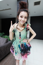 6.5yumi awesome splash-ink tie-dyeing leather slim chiffon skirt one-piece dress
