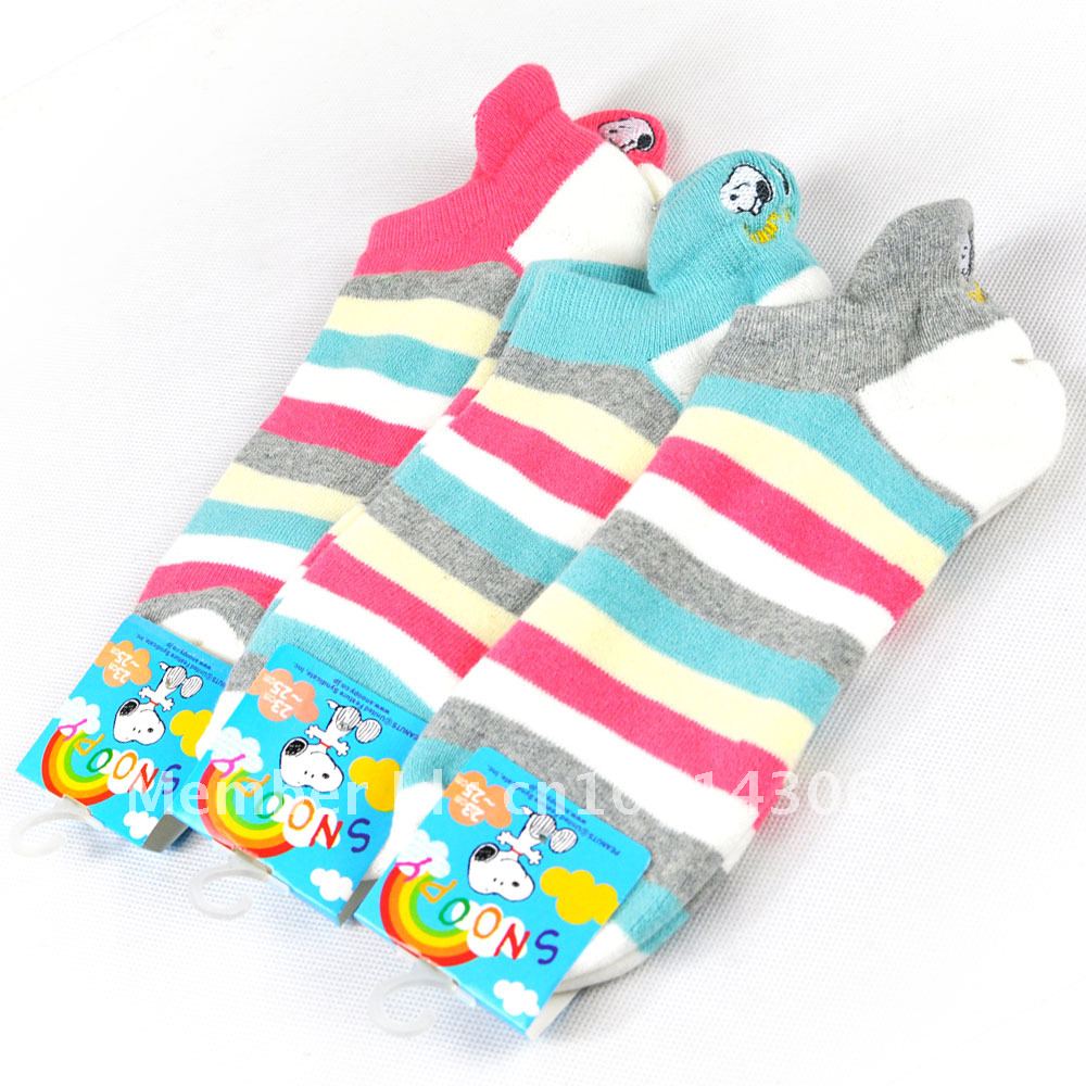 6 Pairs SNOOPY Socks Female 100% cotton stripe, nap socks slippers thickening women's slippers-Free Shipping