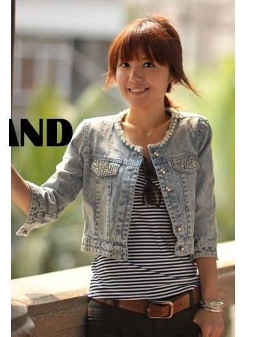 6 photo show free shipping for lace round pearl type jeans coat 2013 M L two size choice