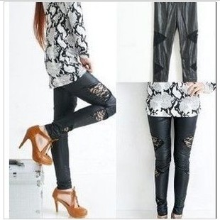 6006 spring and autumn fashion triangle lace patchwork faux leather female basic ankle length trousers