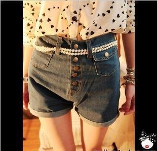 603 hot recommended European and American vintage metal buckle waist pockets Cuffed denim shorts