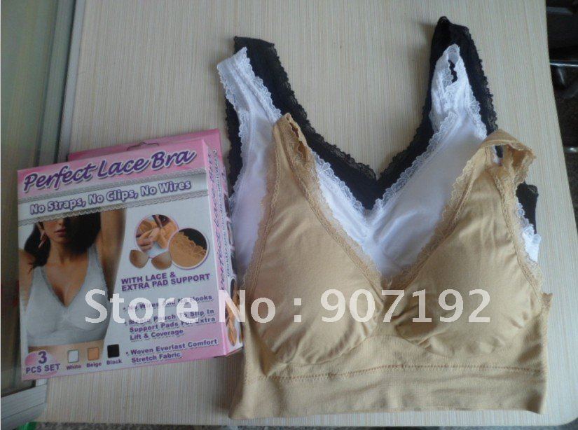 60pcs/lot(20sets) Free shipping V-neck genie Bra with Lace and Pads,3 Color a Set No Other Select(Retail packaging)
