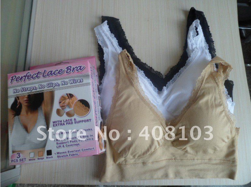 60pcs/lot BY DHL,Free shipping V-neck genie Bra with Lace and Pads,3 Color a Set No Other Select (Retail packaging)