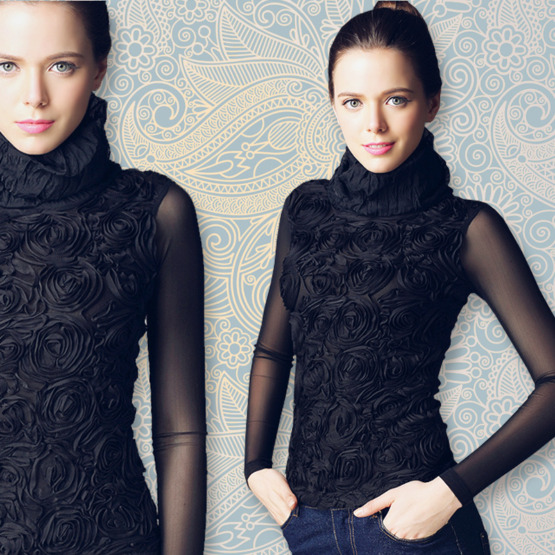6214 slim lace ruffles sweater with three-dimensional rose elastic gauze turtleneck basic shirt
