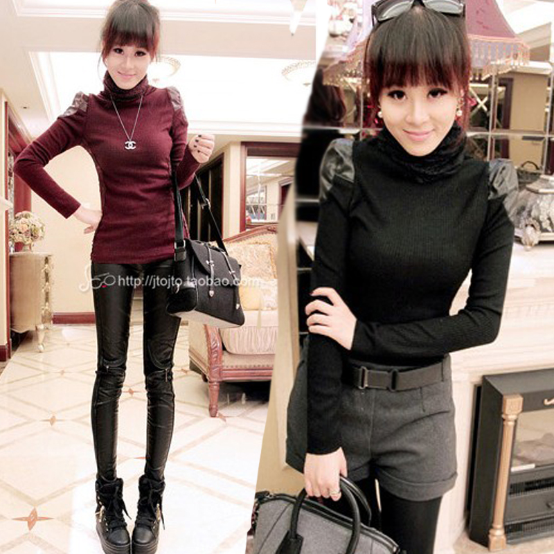 6243 spring heap turtleneck patchwork leather of sidepiece transparent lace basic shirt all-match wool sweater