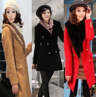 6321 women's slim large fur collar double breasted medium-long woolen trench outerwear
