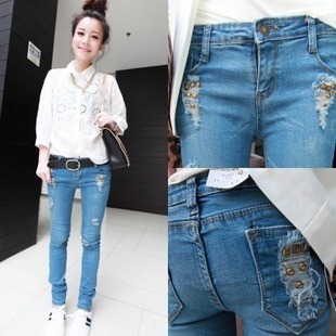 640 all-match rivet decoration hole casual pencil jeans