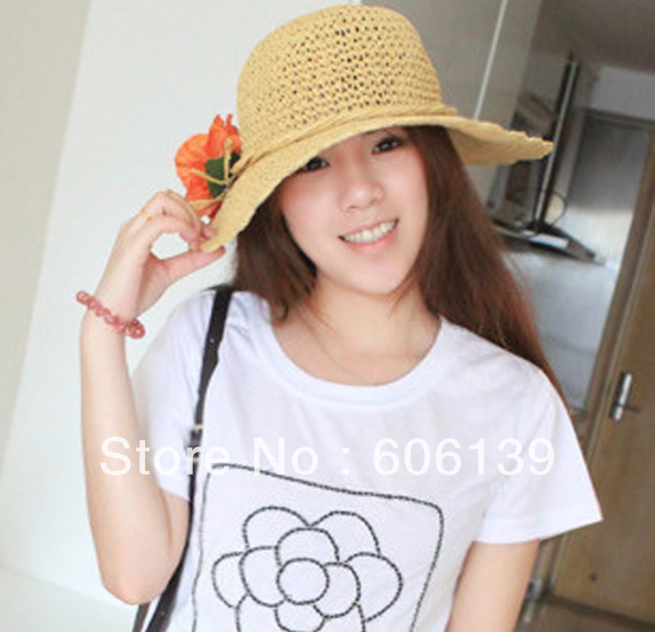 684 The new tide sun hat,Two flowers along the hat,Ms beach hat  10pcs/lot free shipping