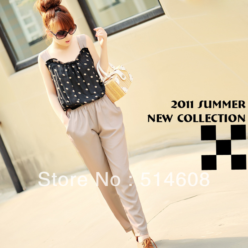 #685 Exported quality chiffon summer polka dot suspenders casual jumpsuit bodysuit 3 sizes