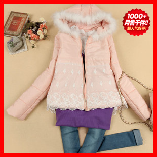 6969 autumn and winter women new arrival slim with a hood fur collar lace embroidery long-sleeve outerwear wadded jacket