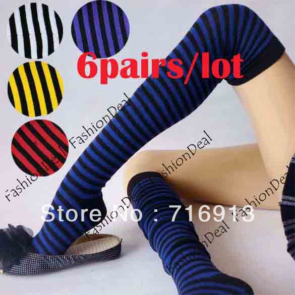 6pairs/lot 2013 Striped Over The Knee Socks Thigh High Cotton Stockings Thinner 5 Colors free shipping 8198