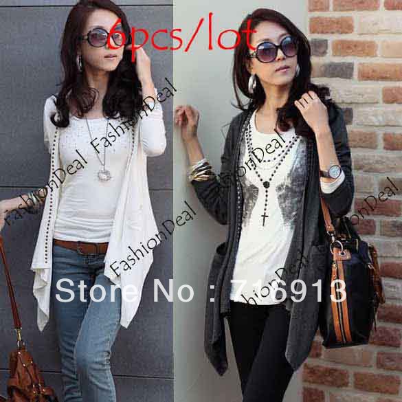 6pcs/lot 2013 New Fashion Korea Women Cotton Blends Knit Coat Long Sleeve Jacket 3 Colors Free Shipping 3309