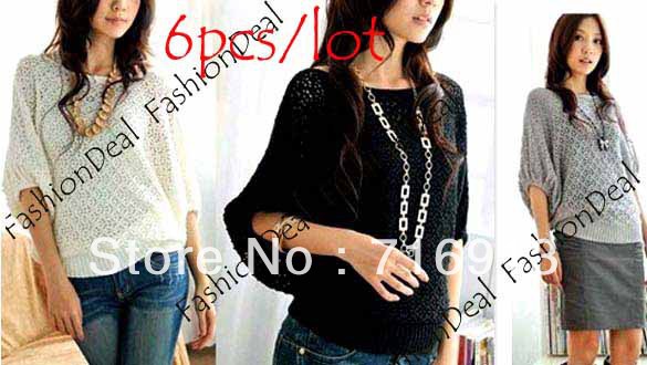 6pcs/lot 2013 New Hollow Batwing Dolman Round Neck Knit Knitting Coat Out Sweater Top Long Sleeve Cardigan Free Shipping 7087