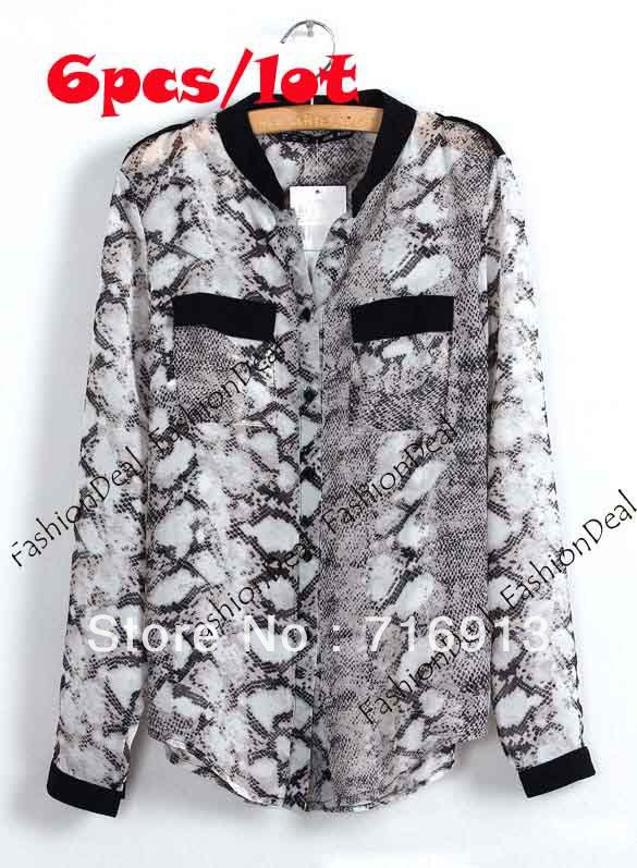 6pcs/lot 2013 New Korea Women's Charming Snake Pattern Print V-Neck Chiffon Blouse Shirt Tops 3 Sizes Free Shipping 11108