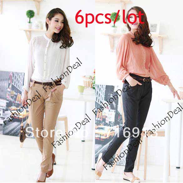 6pcs/lot 2013 New Korean Women's Puff Batwing Long Sleeve Shirt Pleated Chiffon Blouse 3 ColorsFree Shipping 11010