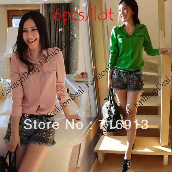 6pcs/lot 2013 New Spring Korea Women's Long Sleeve Candy Color OL  Button Down Chiffon Shirt Shoulder Padded Free Shiiping7482