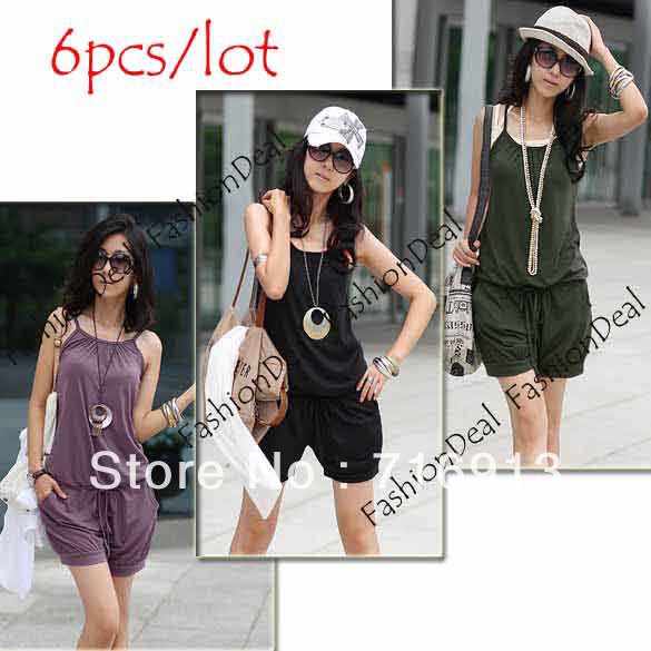 6pcs/lot 2013 New Women Fashion Sleeveless Romper Strap Short Jumpsuit Scoop Three Color Free Shipping 3168