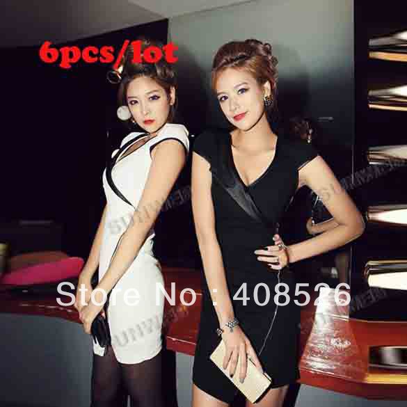 6pcs/lot Black Women's Summer New Cotton Leather Splicing V-neck Short Sleeve Mini Dress 2Colors free shipping 11151