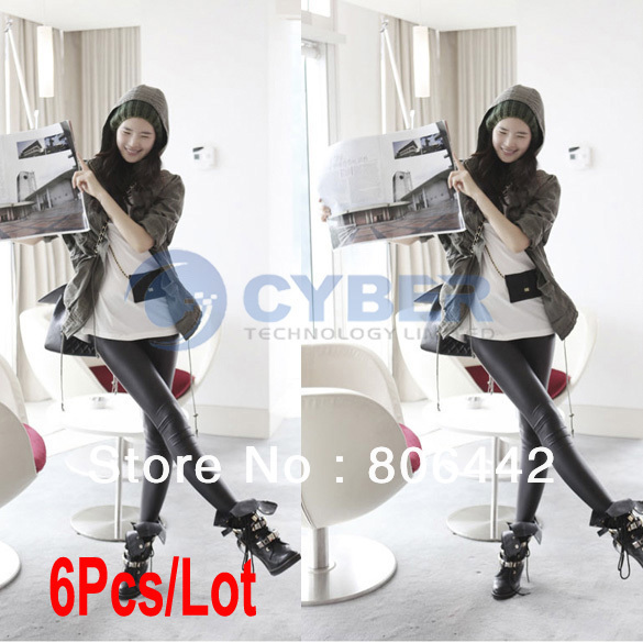 6Pcs/Lot Fashion Black Leather Tregging Ladies' Leggings Shiny Pants Tights Free Shipping