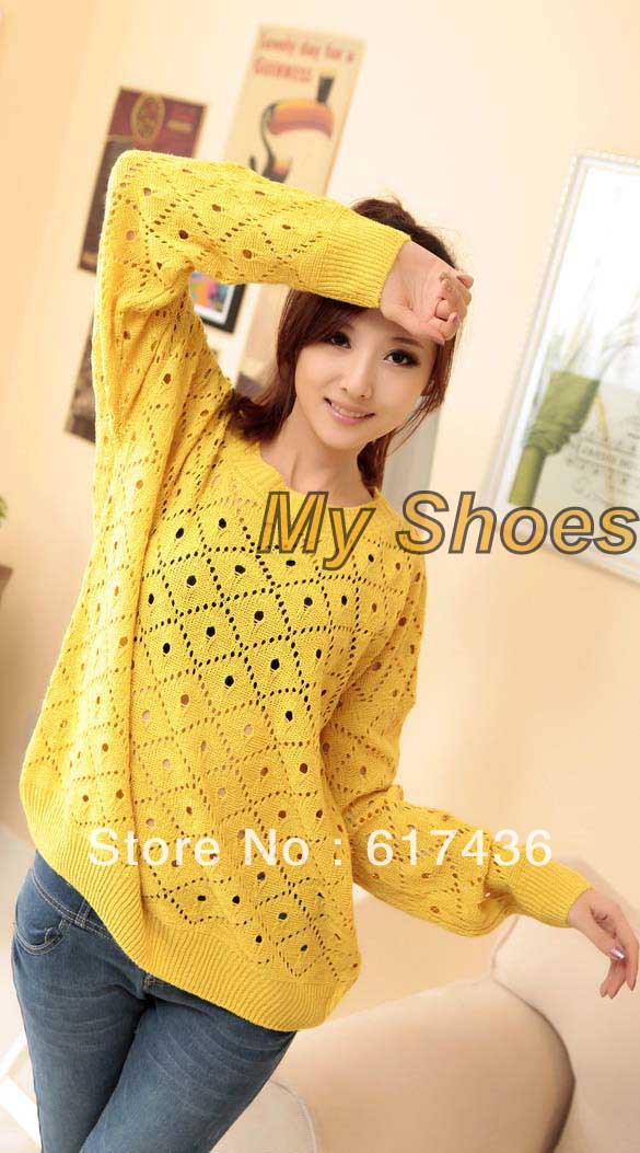 6pcs/lot free shipping Long Sleeve Crewneck Flower Loose Hollow Out Knitting Sweaters Shirts Smock 8092