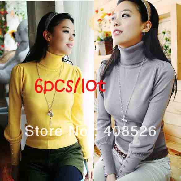 6PCS/LOT Free Shipping Women's Slim High Neck Turtleneck Long Sleeve Base knitwear Knitted Sweater 7608