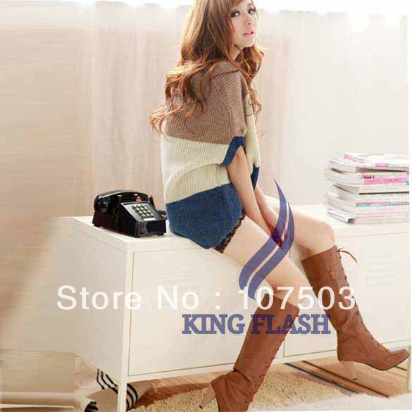 6pcs/lot Korea Fashion Women's Sweater Woolen V-neck stripe loose Medium Sleeve Color Matching Coat Jacket free shipping 7705