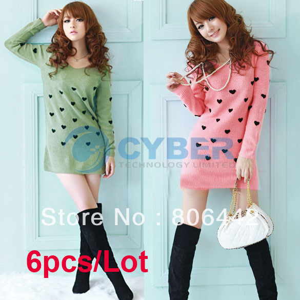 6pcs/Lot New Women's V-neck Loose Loving Heart Embroidery Knitted Pullover Casual Sweater Free Shipping 9069
