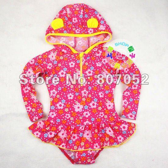6pcs/lot,,Red color,Baby Swimwear,long sleeve,with cap/hat,Kid Swimsuit,Girl  Protective Clothing,Children Costume GS102