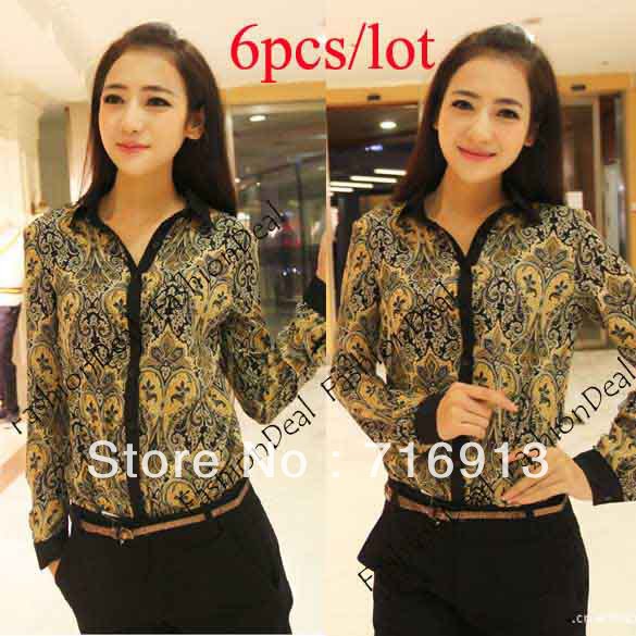 6pcs/lot2013 New Women's Retro Contrast Color Paisley Long Sleeve Turndown Collar Print Chiffon Shirt Blouse Free Shipping 11125