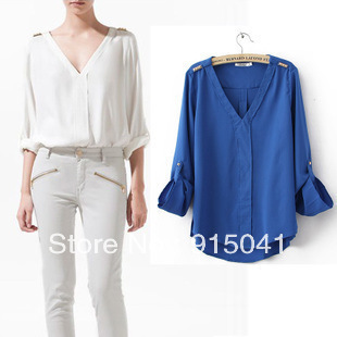 7-001 Autumn new rivets epaulets long-sleeved V-neck no buckle sets of head loose code chiffon shirt