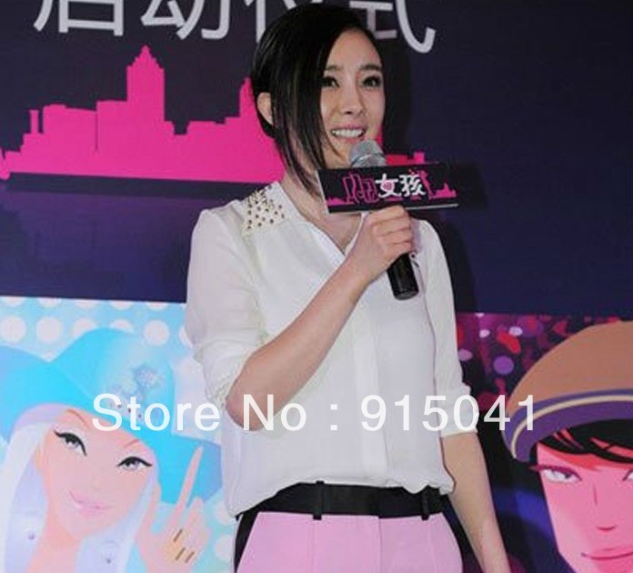 7-025 Yang Mi same paragraph neckline multiple rivets long-sleeved a chiffon white shirt white shirt white shirt white shirt