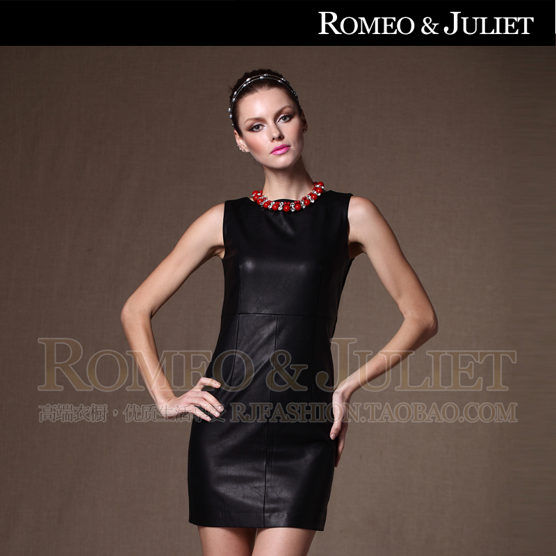 7 Brand 2013 fashion spring and winter women fur patchwork slim sleeveless leather skirt one-piece dress tank dress