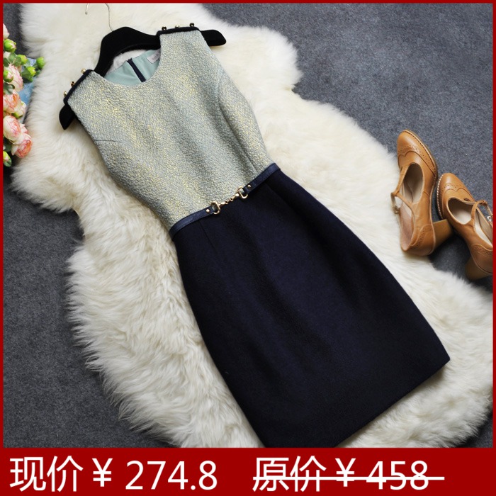 7 Brand Brief ol formal leather gentlewomen slim belly chain woolen one-piece dress tank dress British princess fashion
