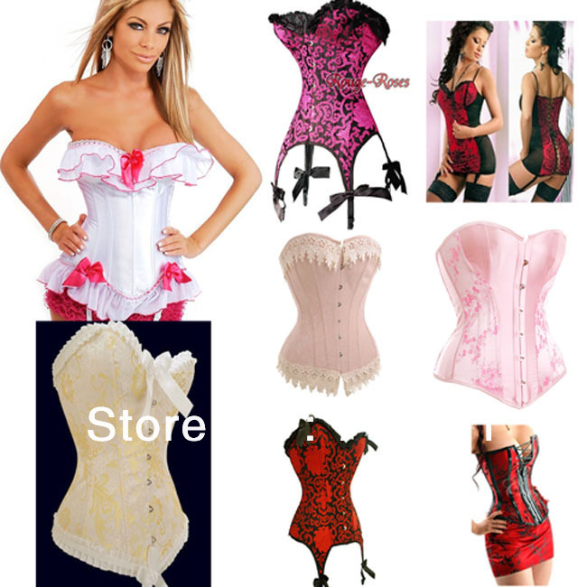 7 Styles Sexy Corset Women Bone Lace Bustier Corset+G string Set Lingerie,Push Up Bodysuit, Overbust Costumes XXL