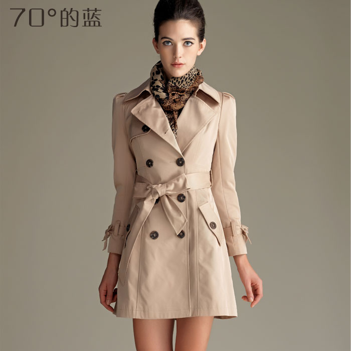70 blue trench female outerwear medium-long double breasted women's trench OL outfit women's