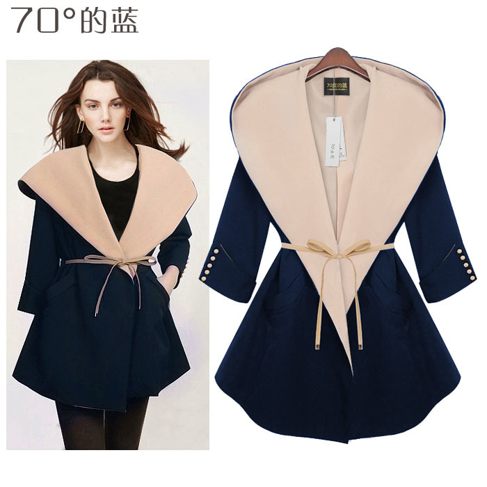 70 blue with a hood trench female outerwear spring and autumn fashion trench elegant slim casual clothing lacing