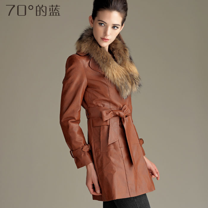 70 blue women's fur collar leather clothing raccoon large fur collar water washed leather slim plus cotton leather overcoat