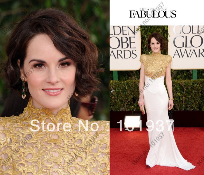 70th Golden Globe Awards 2013 Michelle Dockery High Collar Gold Applique Short Sleeves Celebrity Dresses Evening