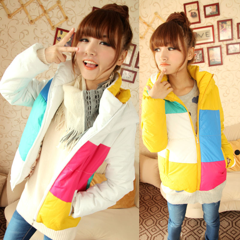 740 wadded jacket sweet casual women's short design with a hood color block decoration outerwear white thermal autumn and winter