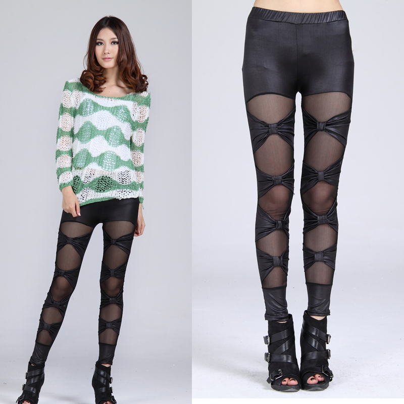 75 2012 fashion sexy lace gauze patchwork faux leather legging