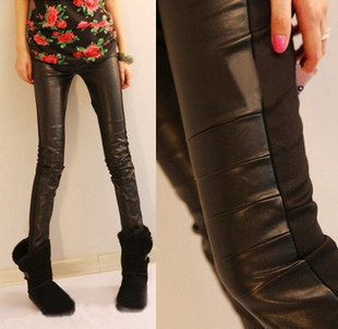 755 Fashion PU tight female trousers slim thickening all-match patchwork legging pencil pants leather pants