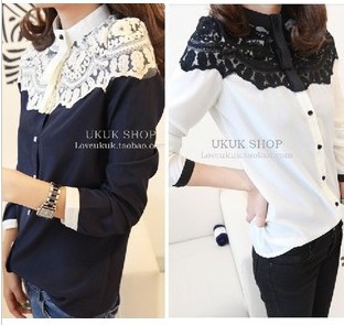 7739 Korean version of the 2013 spring new Women temperament models ! Cape - style lace stitching chiffon shirt
