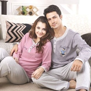 79 lovers lounge autumn stripe long-sleeve high quality knitted cotton male women's sleep set