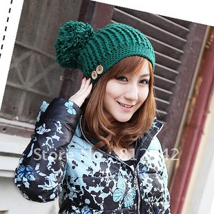 7color free shipping fashion 2012 the autumn and winter warm  handmade solid  green knitted hat with plush ball pompon for Women