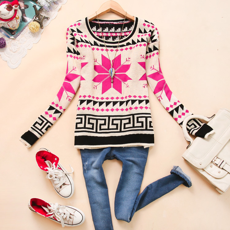 8 Aaj-u053 2012 autumn women's color block loose geometric graphic patterns sweater i-06
