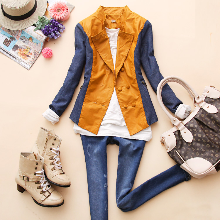 8 Aix-u140 2012 autumn women's stand collar denim patchwork double breasted leather clothing i-10