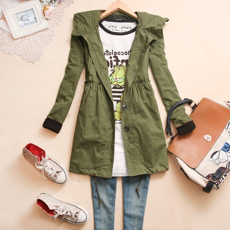 8 Aow-t640 2012 autumn women's with a hood polka dot slim bow trench h-23