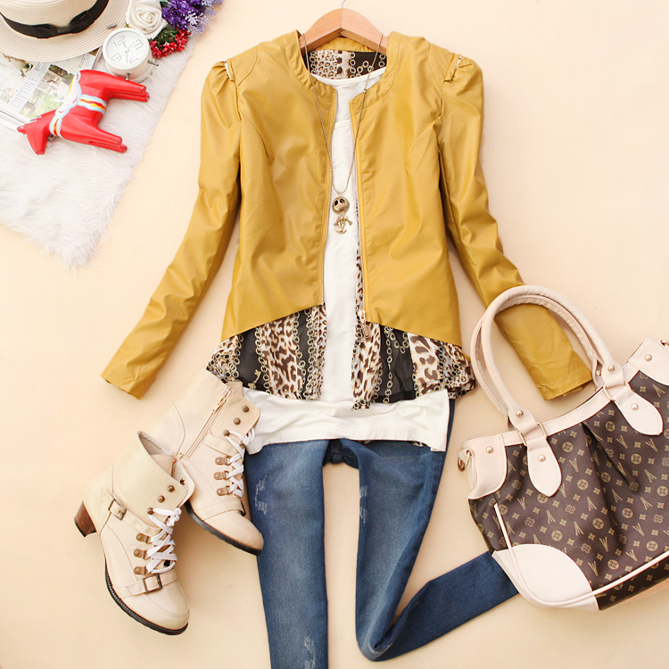 8 Ayv-u430 2012 autumn women's leopard print patchwork slim irregular leather clothing i-20